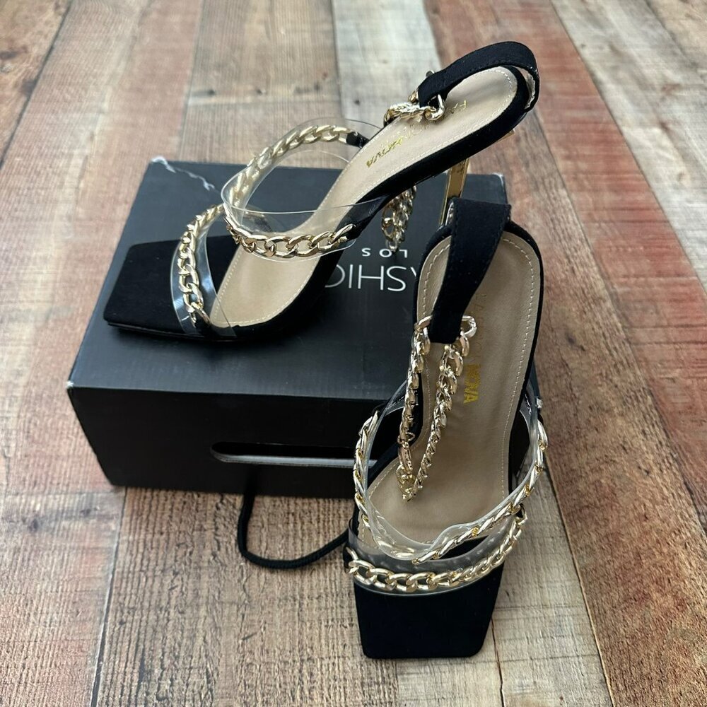 Fashion Nova Link Up With Me Heeled Sandal Dorado Black Size 8.5